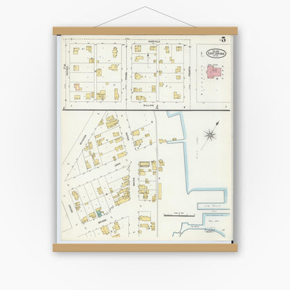 Old map wall art mockup — magnetic wood frame on white wall — Sanborn Fire Insurance Map from East Jordan, Charlevoix County, Michigan (1905), Sheet #0005