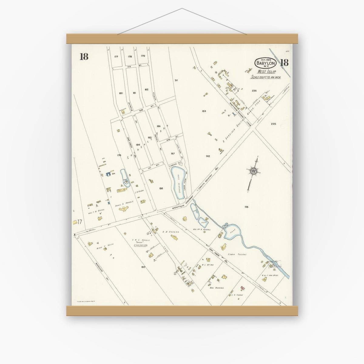 Old map wall art mockup — magnetic wood frame on white wall — Sanborn Fire Insurance Map from Babylon, Suffolk County, New York (1923), Sheet #0018