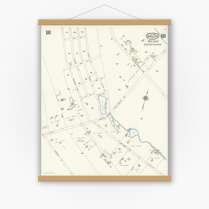 Old map wall art mockup — magnetic wood frame on white wall — Sanborn Fire Insurance Map from Babylon, Suffolk County, New York (1923), Sheet #0018