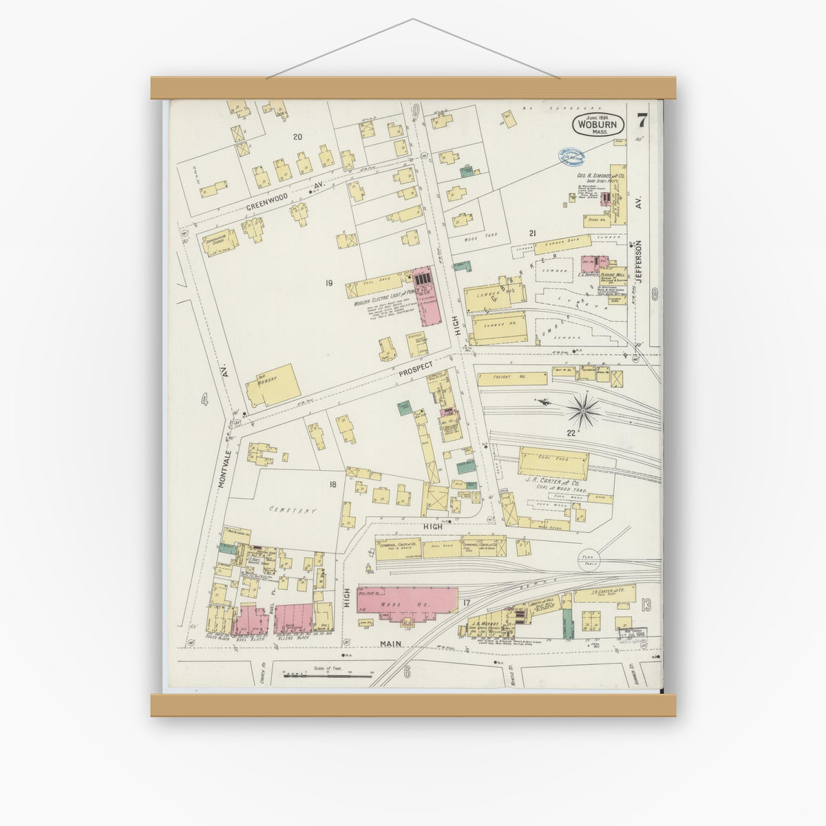 Old map wall art mockup — magnetic wood frame on white wall — Sanborn Fire Insurance Map from Woburn, Middlesex County, Massachusetts (1894), Sheet #0007