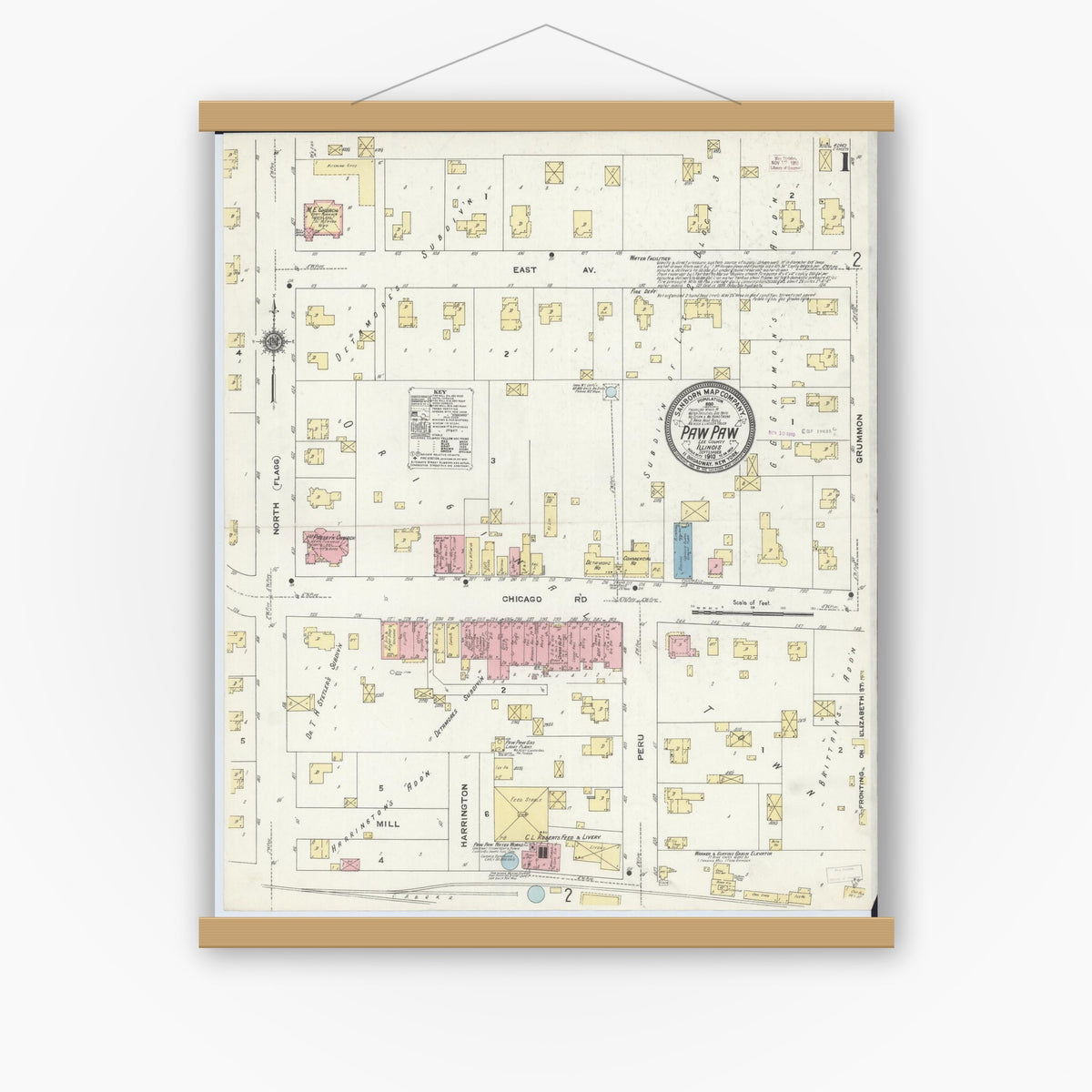 Old map wall art mockup — magnetic wood frame on white wall — Sanborn Fire Insurance Map from Paw Paw, Lee County, Illinois (1910) - Complete Map Set