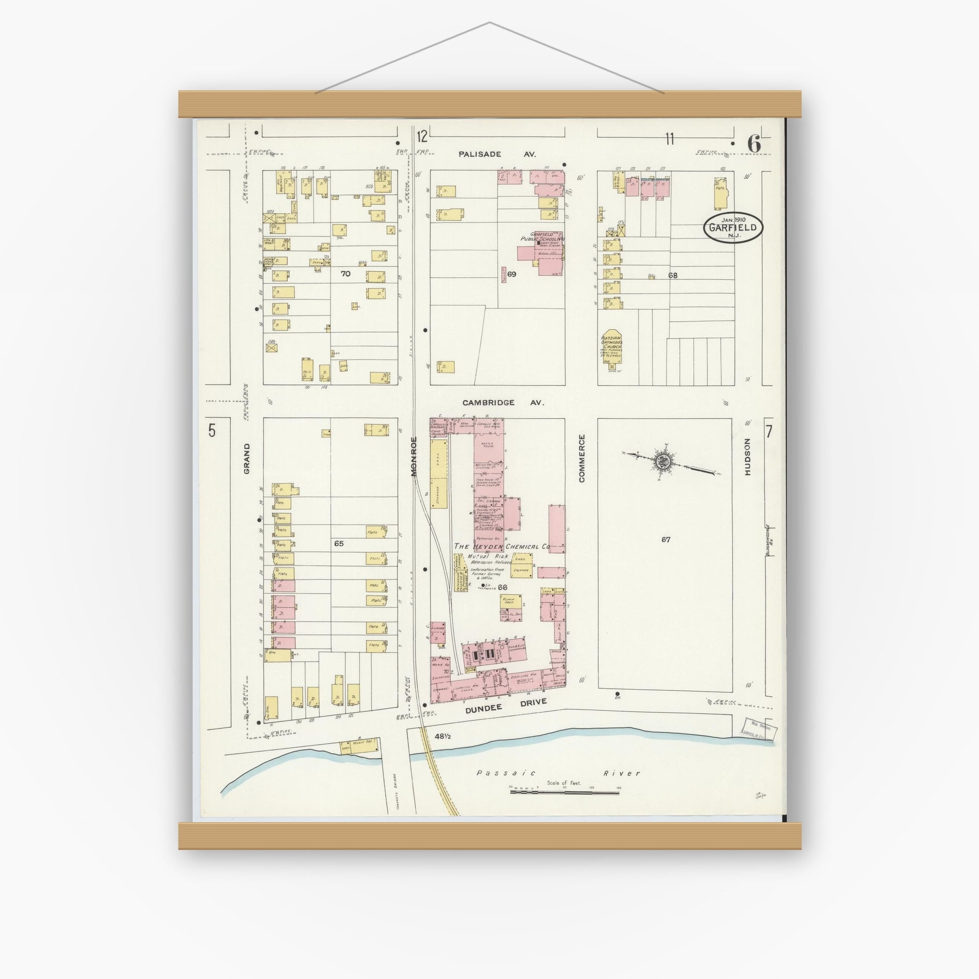 Old map wall art mockup — magnetic wood frame on white wall — Sanborn Fire Insurance Map from Garfield, Bergen County, New Jersey (1910), Sheet #0006