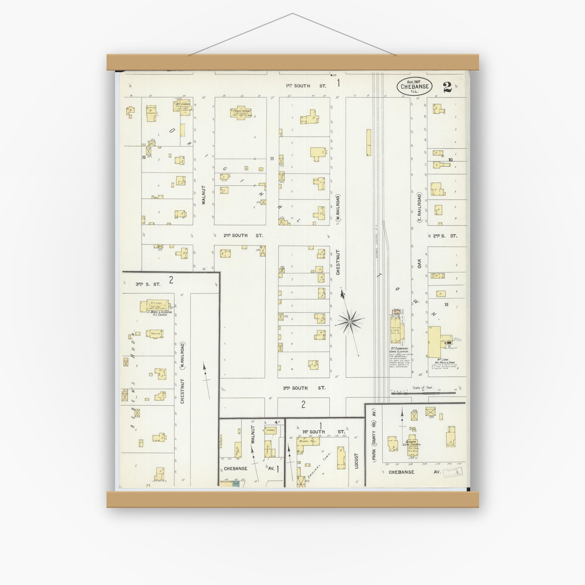 Old map wall art mockup — magnetic wood frame on white wall — Sanborn Fire Insurance Map from Chebanse, Iroquois And Kankakee County, Illinois (1907), Sheet #0002