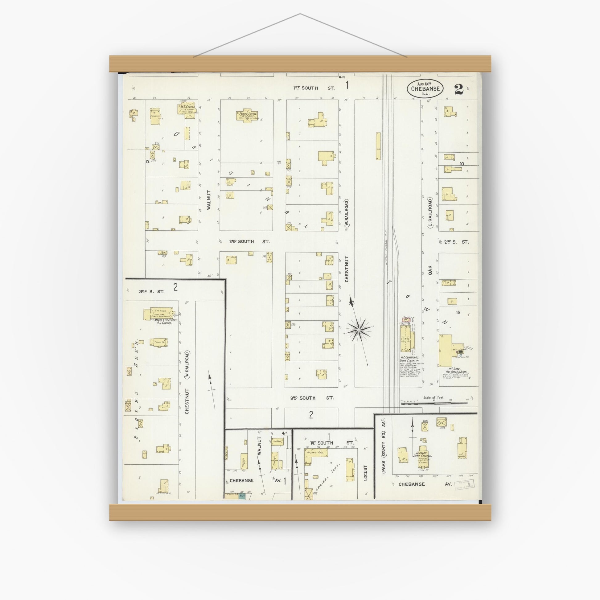 Old map wall art mockup — magnetic wood frame on white wall — Sanborn Fire Insurance Map from Chebanse, Iroquois And Kankakee County, Illinois (1907), Sheet #0002
