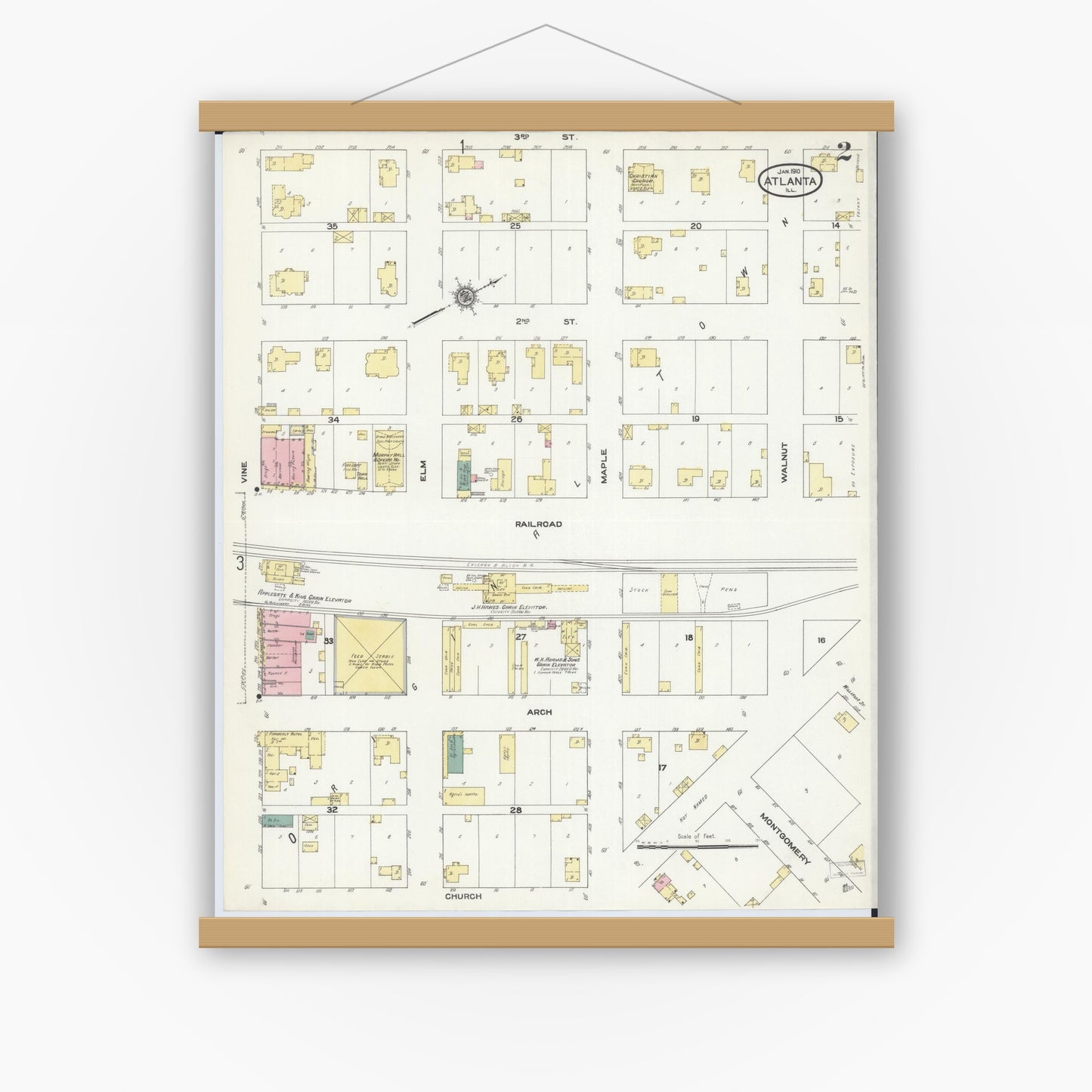 Old map wall art mockup — magnetic wood frame on white wall — Sanborn Fire Insurance Map from Atlanta, Logan County, Illinois (1910), Sheet #0002