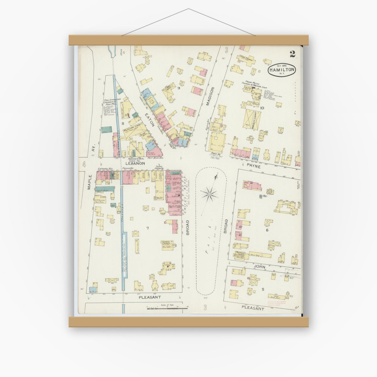 Old map wall art mockup — magnetic wood frame on white wall — Sanborn Fire Insurance Map from Hamilton, Madison County, New York (1893), Sheet #0002