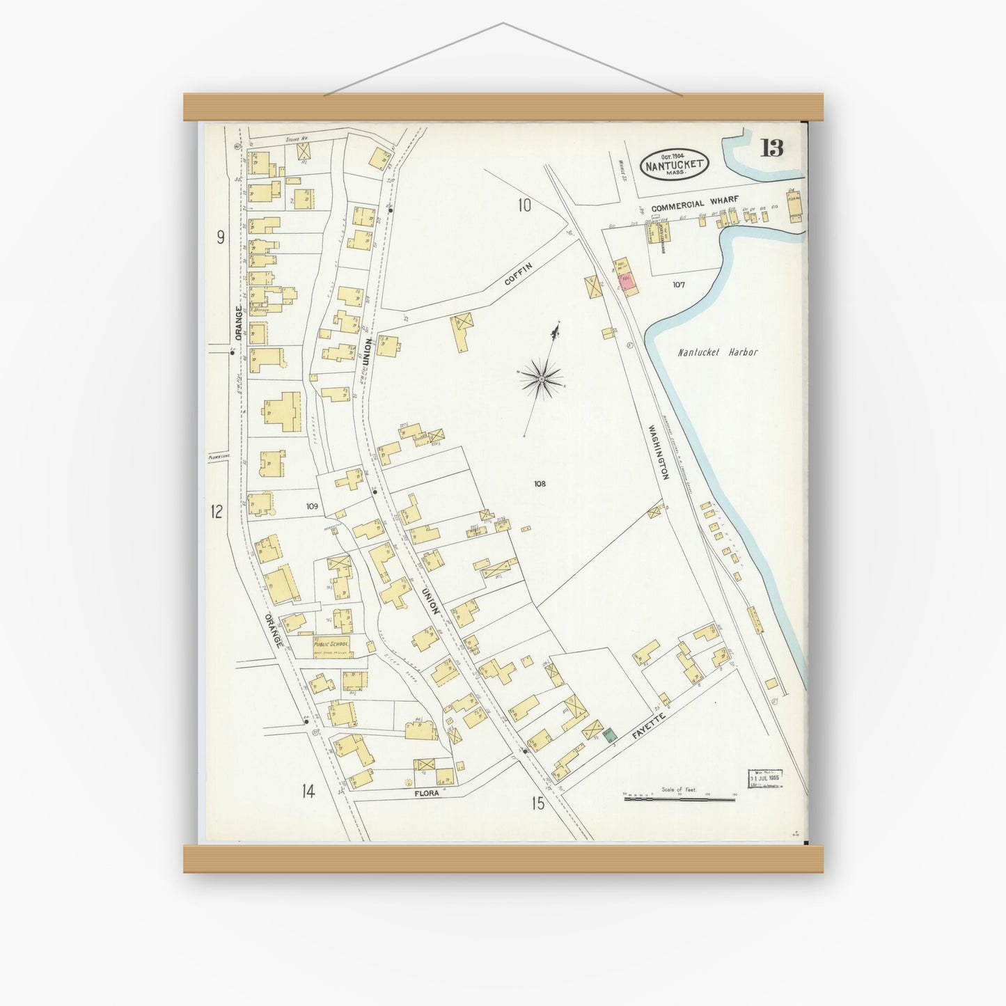 Old map wall art mockup — magnetic wood frame on white wall — Sanborn Fire Insurance Map from Nantucket, Nantucket County, Massachusetts (1904), Sheet #0013