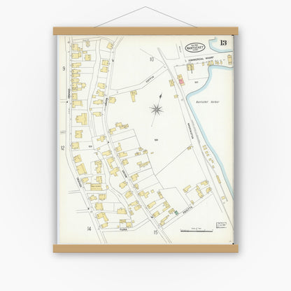 Old map wall art mockup — magnetic wood frame on white wall — Sanborn Fire Insurance Map from Nantucket, Nantucket County, Massachusetts (1904), Sheet #0013