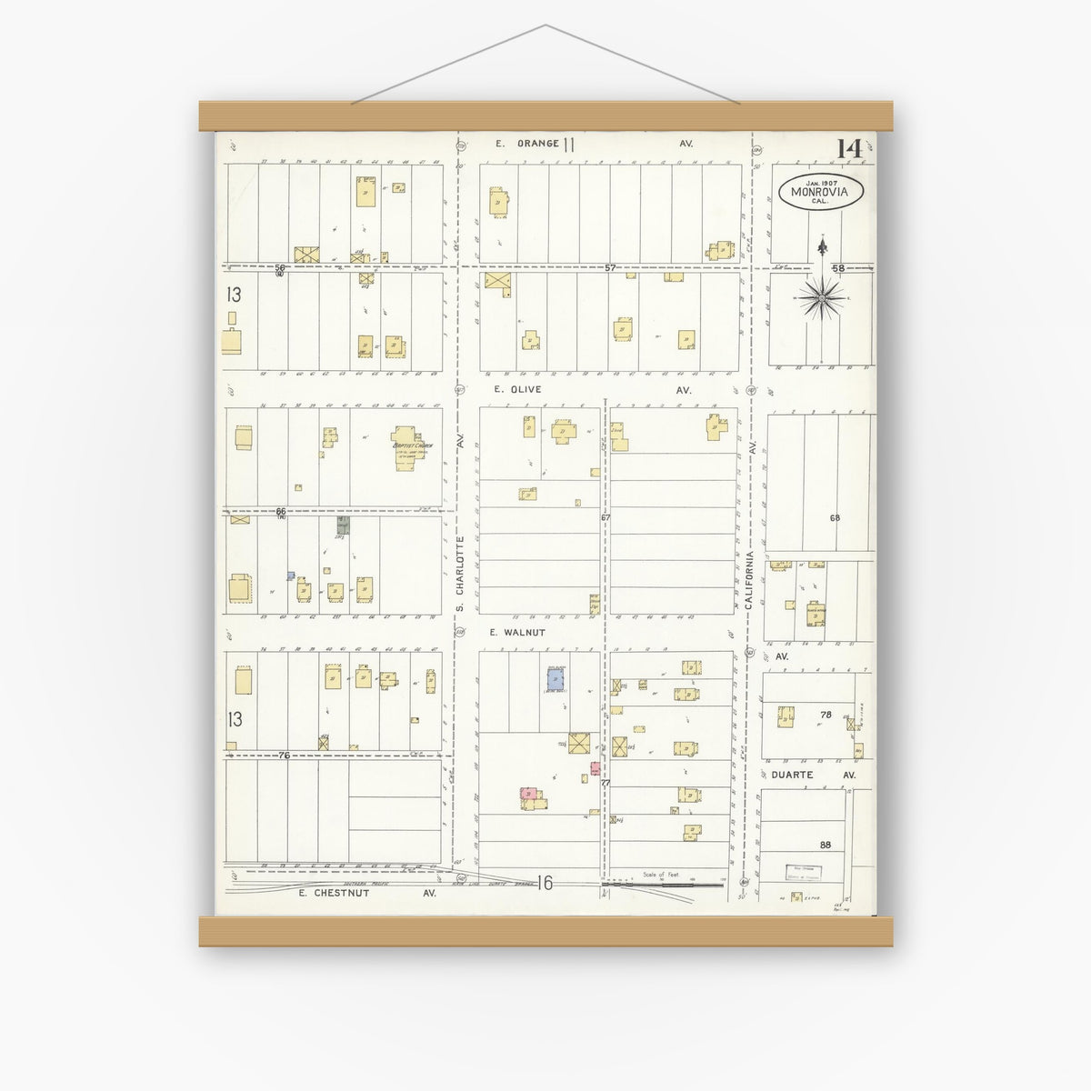 Old map wall art mockup — magnetic wood frame on white wall — Sanborn Fire Insurance Map from Monrovia, Los Angeles County, California (1907), Sheet #0014
