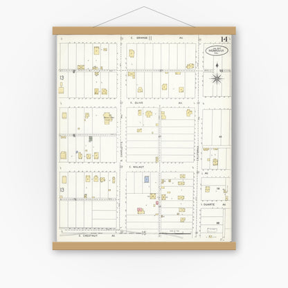 Old map wall art mockup — magnetic wood frame on white wall — Sanborn Fire Insurance Map from Monrovia, Los Angeles County, California (1907), Sheet #0014