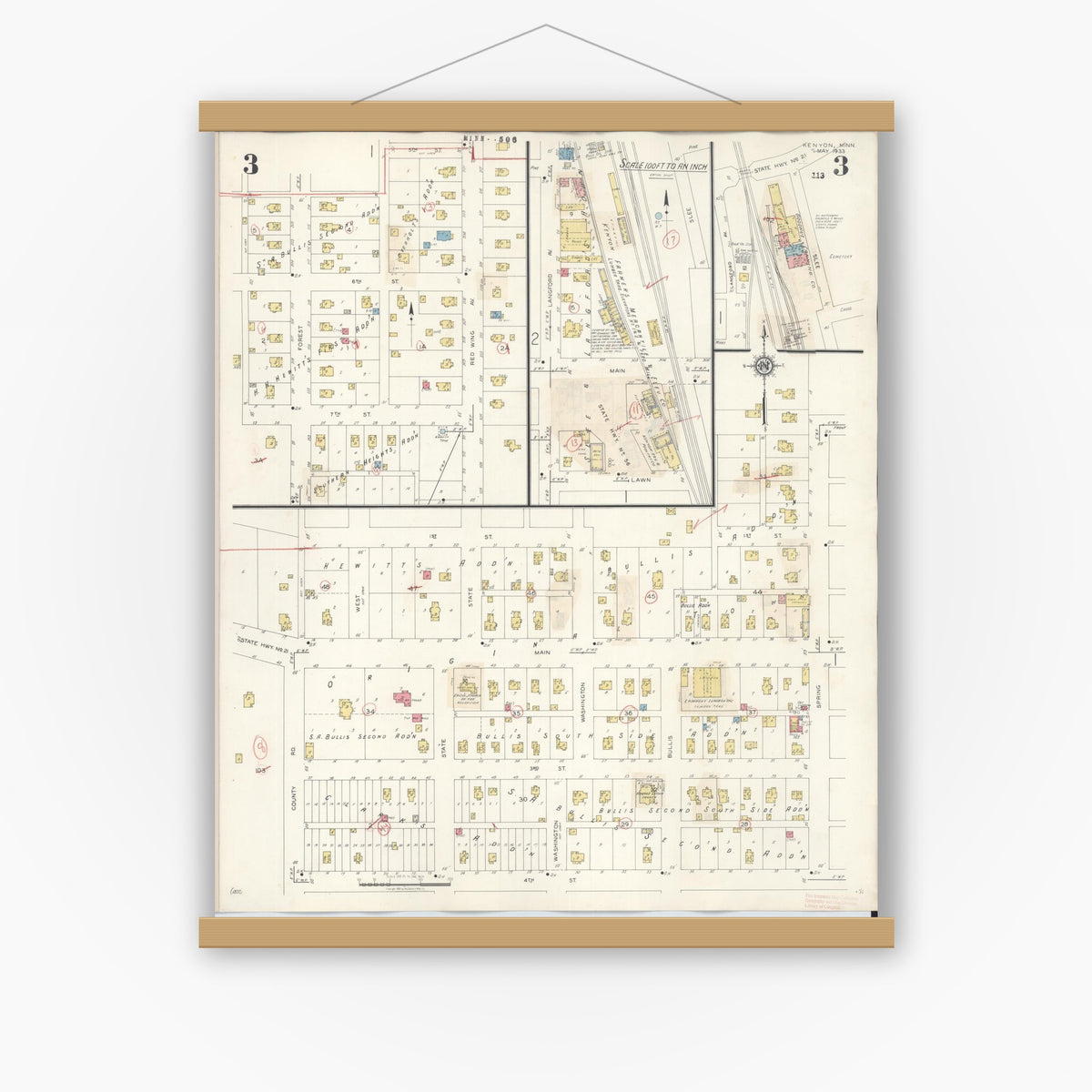 Old map wall art mockup — magnetic wood frame on white wall — Sanborn Fire Insurance Map from Kenyon, Goodhue County, Minnesota (1944), Sheet #0003
