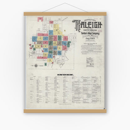 Old map wall art mockup — magnetic wood frame on white wall — Sanborn Fire Insurance Map from Raleigh, Wake County, North Carolina (1909) - Complete Map Set