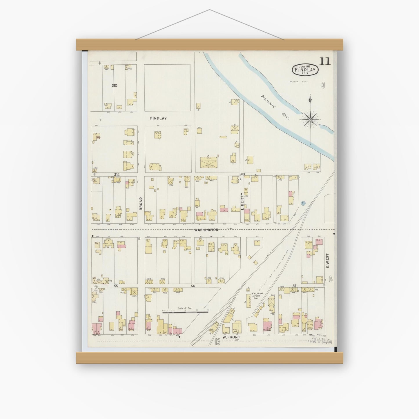 Old map wall art mockup — magnetic wood frame on white wall — Sanborn Fire Insurance Map from Findlay, Hancock County, Ohio (1895), Sheet #0011