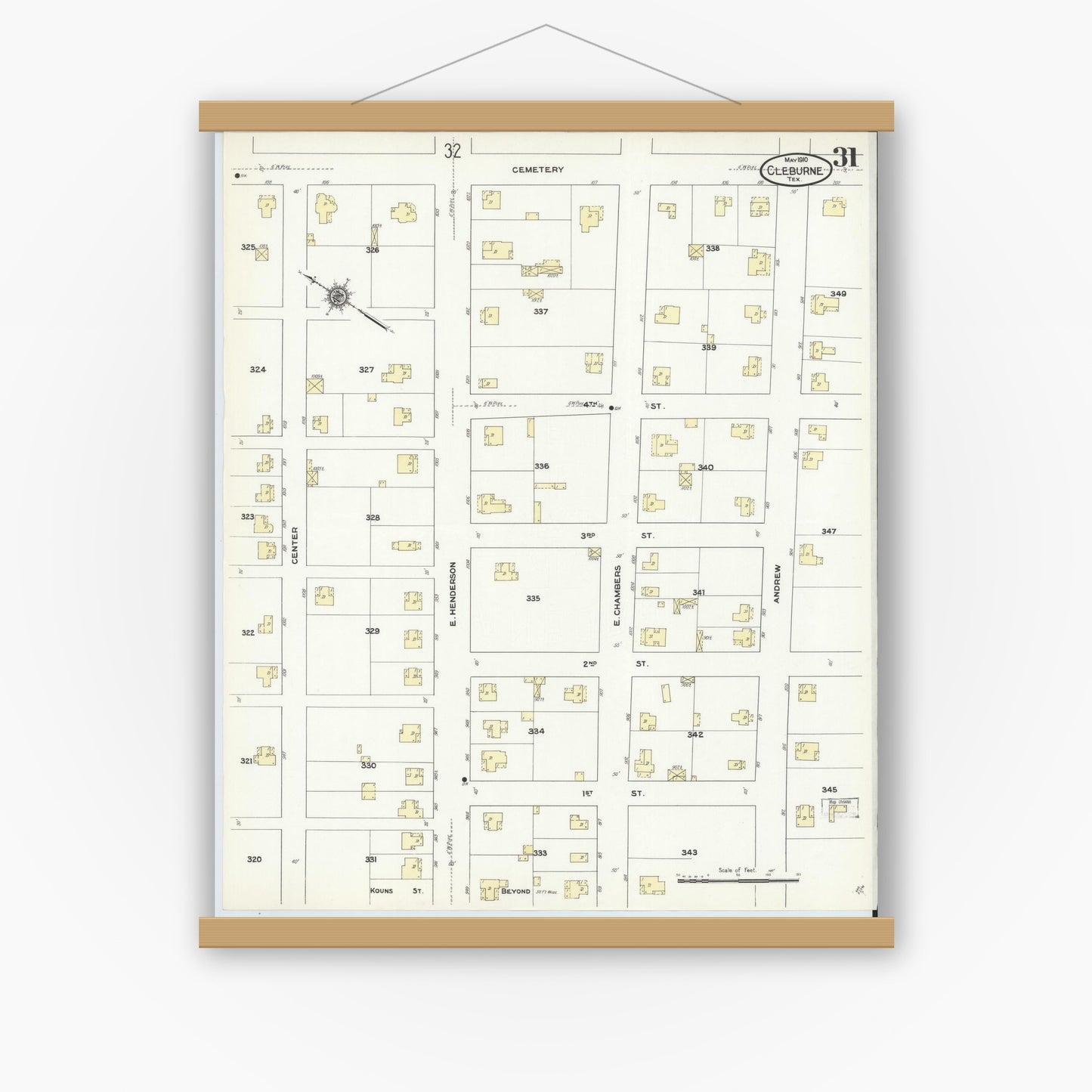 Old map wall art mockup — magnetic wood frame on white wall — Sanborn Fire Insurance Map from Cleburne, Johnson County, Texas (1910), Sheet #0031