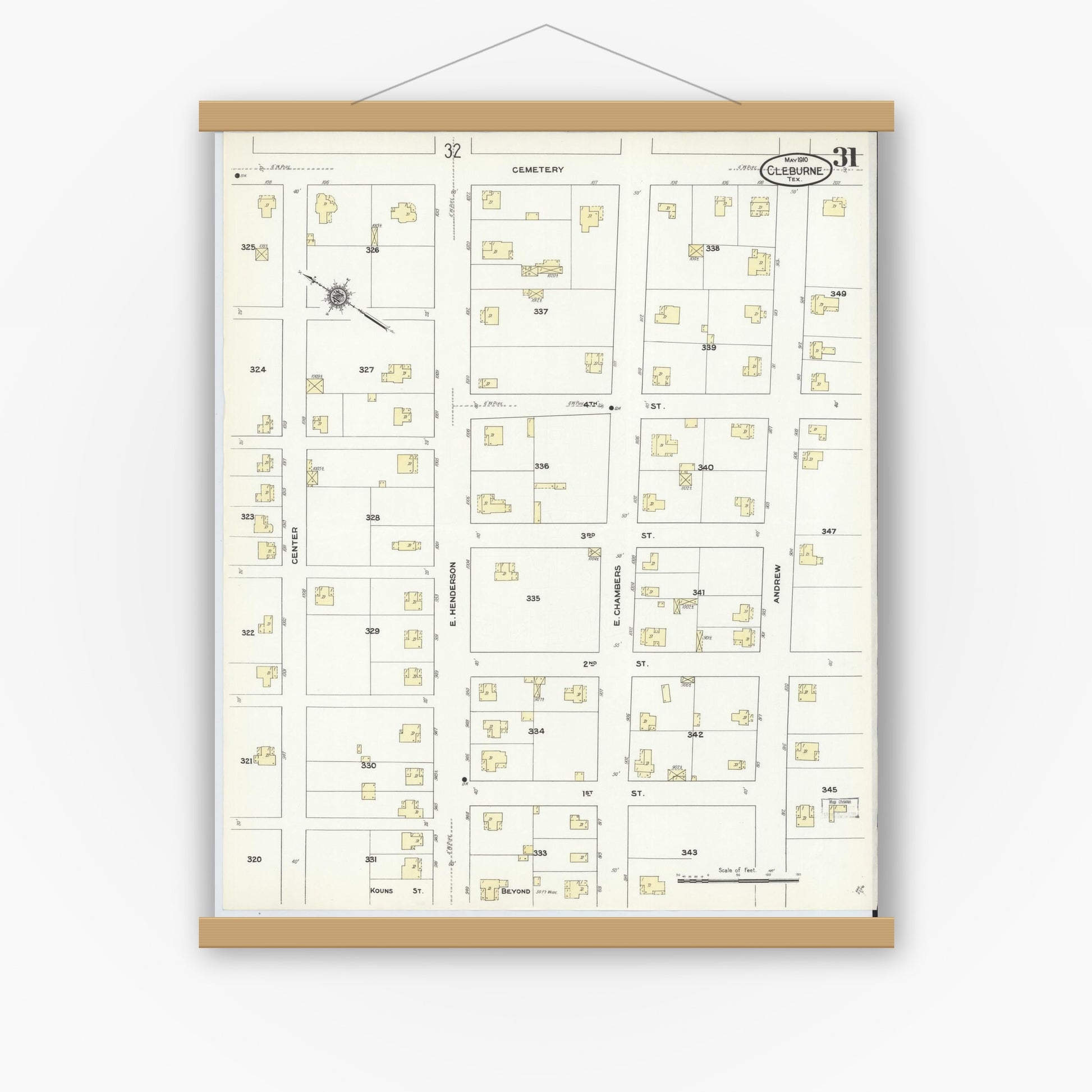 Old map wall art mockup — magnetic wood frame on white wall — Sanborn Fire Insurance Map from Cleburne, Johnson County, Texas (1910), Sheet #0031