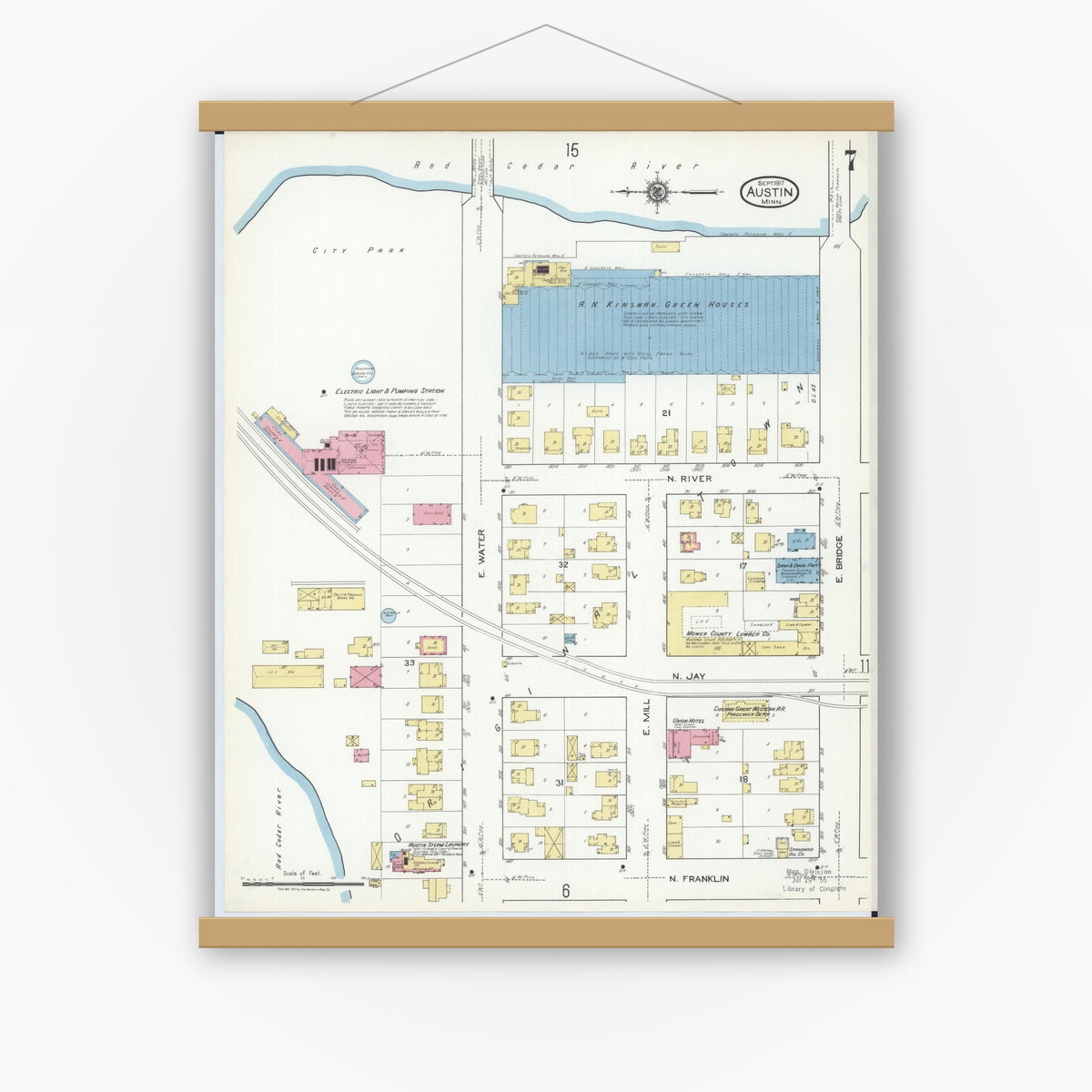 Old map wall art mockup — magnetic wood frame on white wall — Sanborn Fire Insurance Map from Austin, Mower County, Minnesota (1917), Sheet #0007