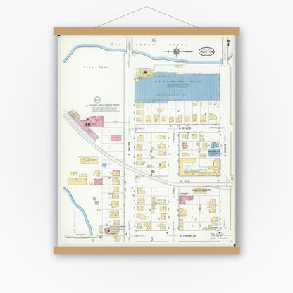 Old map wall art mockup — magnetic wood frame on white wall — Sanborn Fire Insurance Map from Austin, Mower County, Minnesota (1917), Sheet #0007