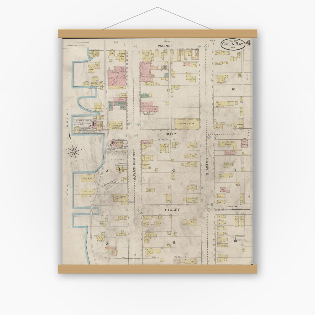 Old map wall art mockup — magnetic wood frame on white wall — Sanborn Fire Insurance Map from Green Bay, Brown County, Wisconsin (1887), Sheet #0004