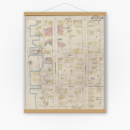 Old map wall art mockup — magnetic wood frame on white wall — Sanborn Fire Insurance Map from Green Bay, Brown County, Wisconsin (1887), Sheet #0004