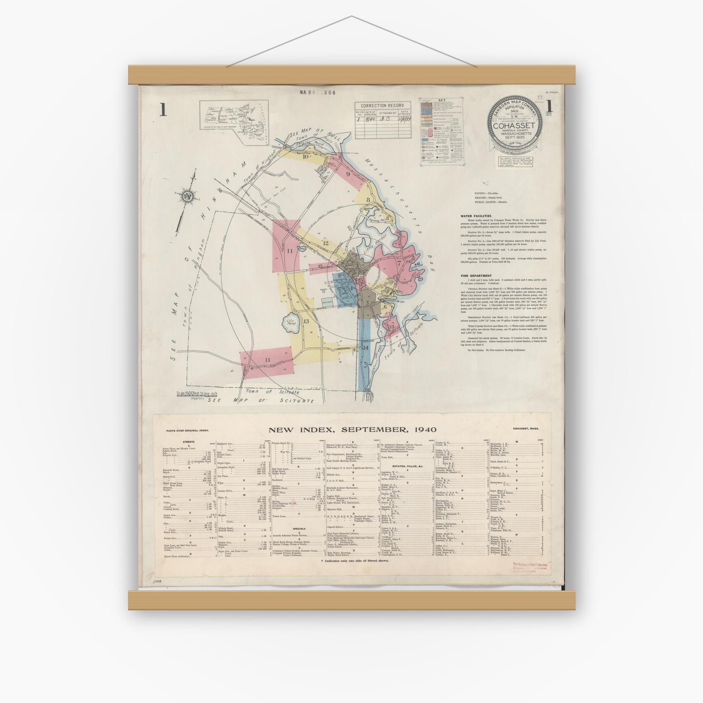 Old map wall art mockup — magnetic wood frame on white wall — Sanborn Fire Insurance Map from Cohasset, Norfolk County, Massachusetts (1940) - Complete Map Set