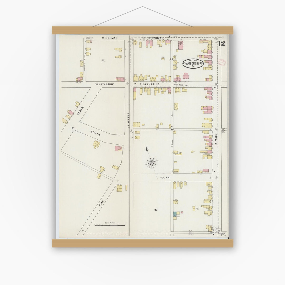 Old map wall art mockup — magnetic wood frame on white wall — Sanborn Fire Insurance Map from Chambersburg, Franklin County, Pennsylvania (1894), Sheet #0012