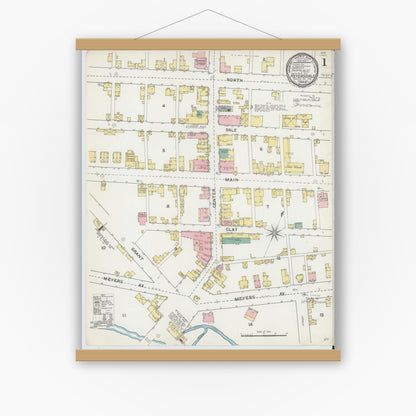 Old map wall art mockup — magnetic wood frame on white wall — Sanborn Fire Insurance Map from Meyersdale, Somerset County, Pennsylvania (1892) - Complete Map Set