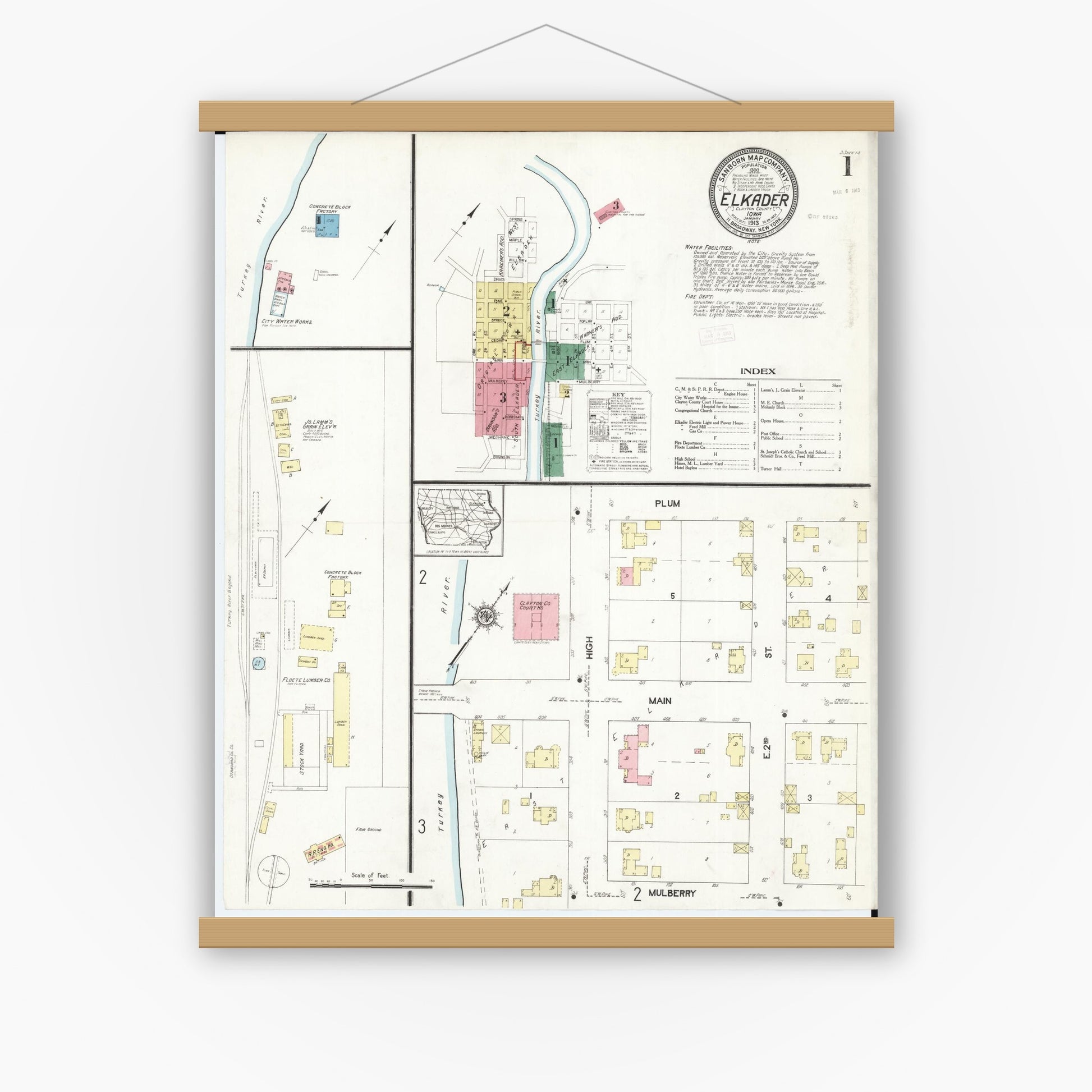 Old map wall art mockup — magnetic wood frame on white wall — Sanborn Fire Insurance Map from Elkader, Clayton County, Iowa (1913) â€” Complete Set
