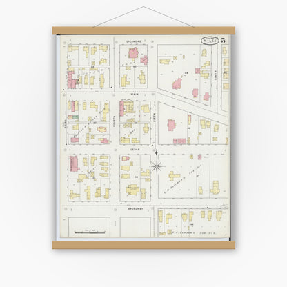 Old map wall art mockup — magnetic wood frame on white wall — Sanborn Fire Insurance Map from Niles, Berrien County, Michigan (1895), Sheet #0005