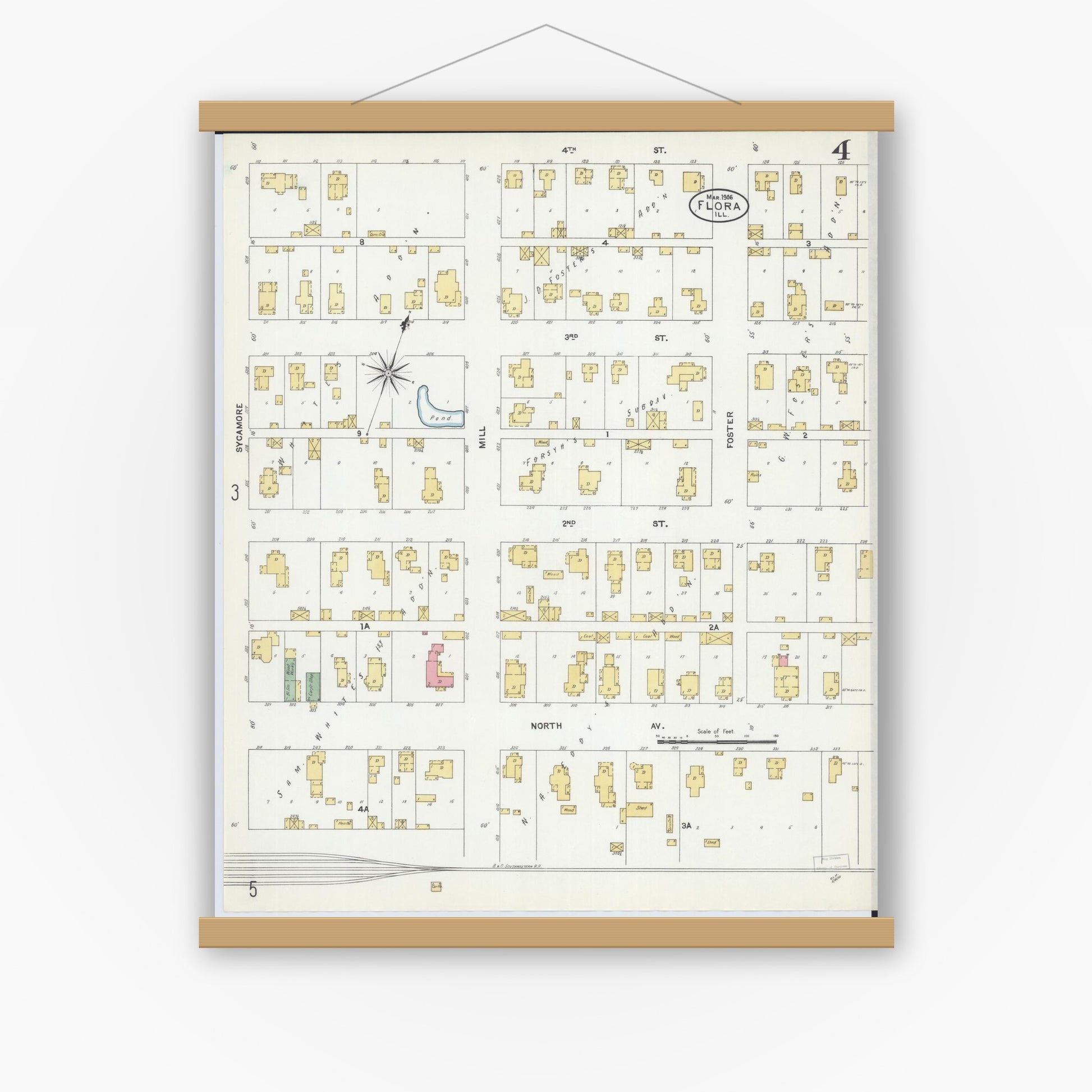 Old map wall art mockup — magnetic wood frame on white wall — Sanborn Fire Insurance Map from Flora, Clay County, Illinois (1906), Sheet #0004