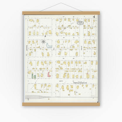 Old map wall art mockup — magnetic wood frame on white wall — Sanborn Fire Insurance Map from Flora, Clay County, Illinois (1906), Sheet #0004