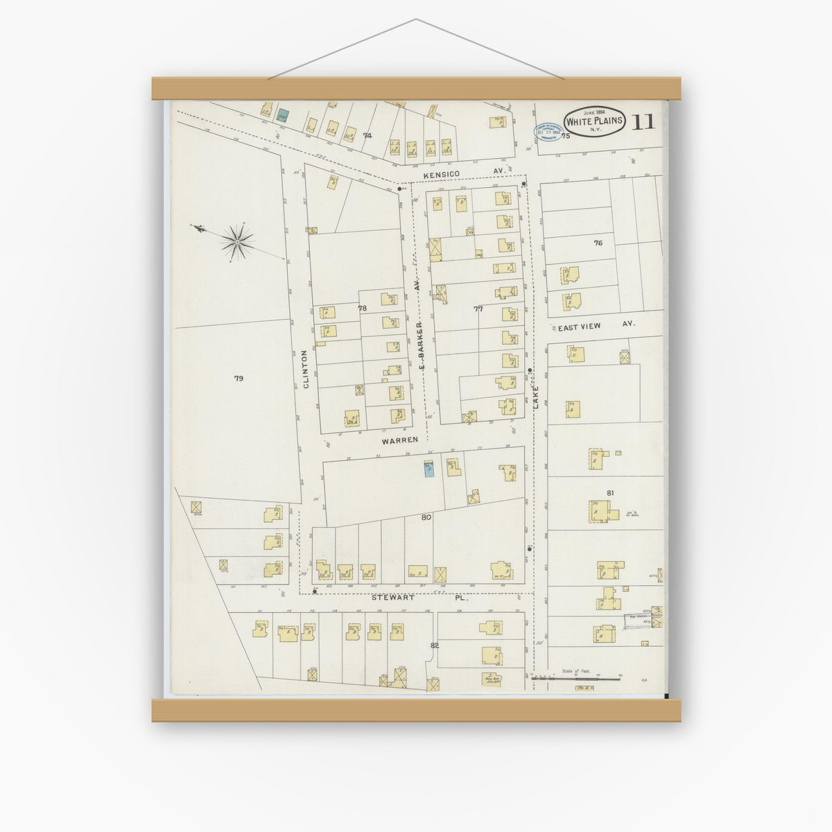 Old map wall art mockup — magnetic wood frame on white wall — Sanborn Fire Insurance Map from White Plains, Westchester County, New York (1894), Sheet #0011