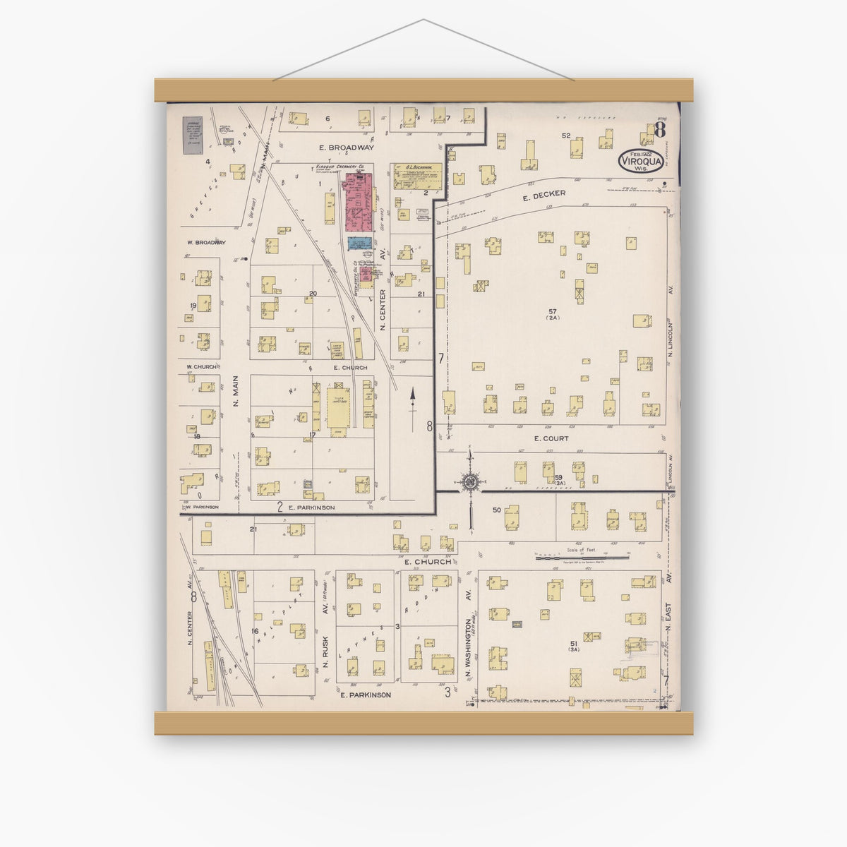 Old map wall art mockup — magnetic wood frame on white wall — Sanborn Fire Insurance Map from Viroqua, Vernon County, Wisconsin (1922), Sheet #0008