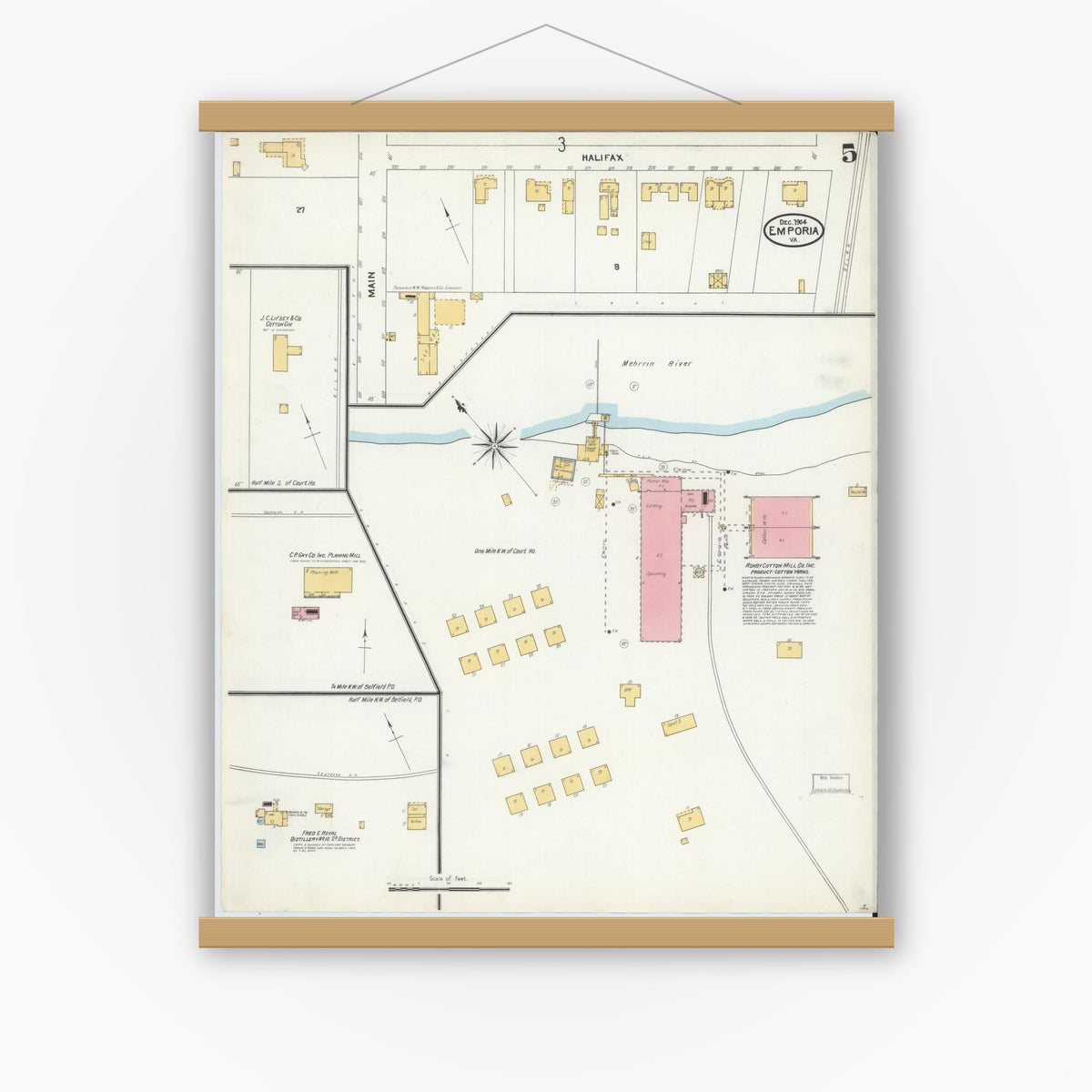 Old map wall art mockup — magnetic wood frame on white wall — Sanborn Fire Insurance Map from Emporia, Independent Cities, Virginia (1904), Sheet #0005