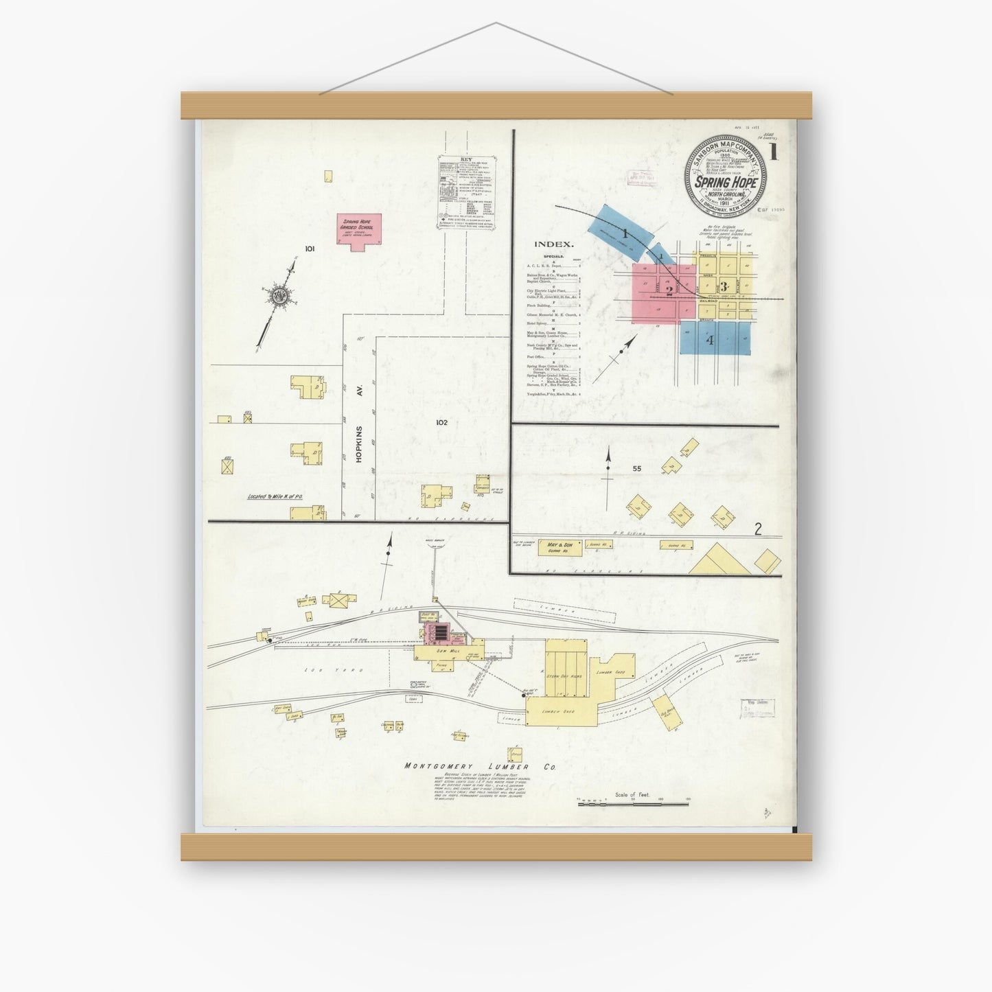 Old map wall art mockup — magnetic wood frame on white wall — Sanborn Fire Insurance Map from Spring Hope, Nash County, North Carolina (1911) - Complete Map Set