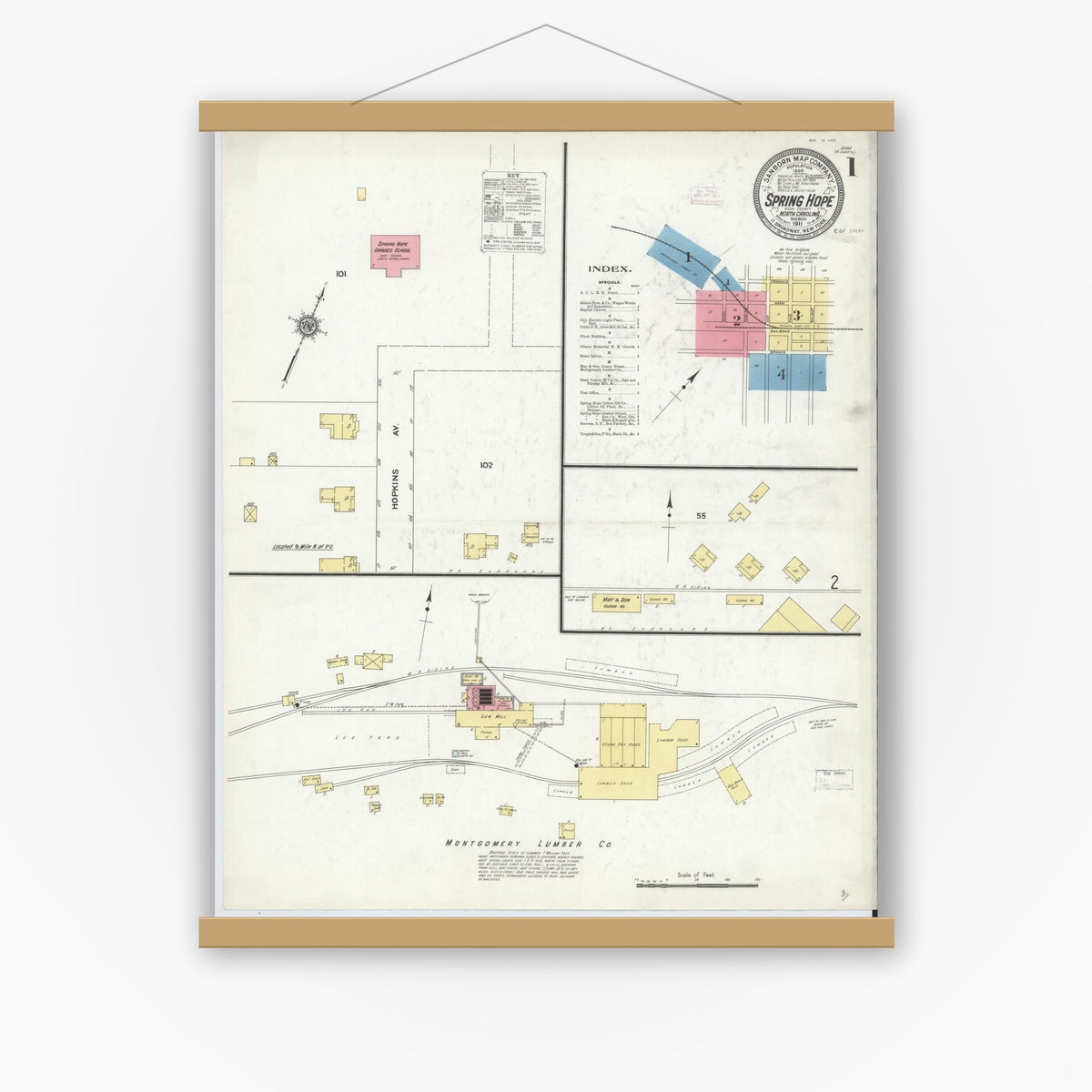 Old map wall art mockup — magnetic wood frame on white wall — Sanborn Fire Insurance Map from Spring Hope, Nash County, North Carolina (1911) - Complete Map Set