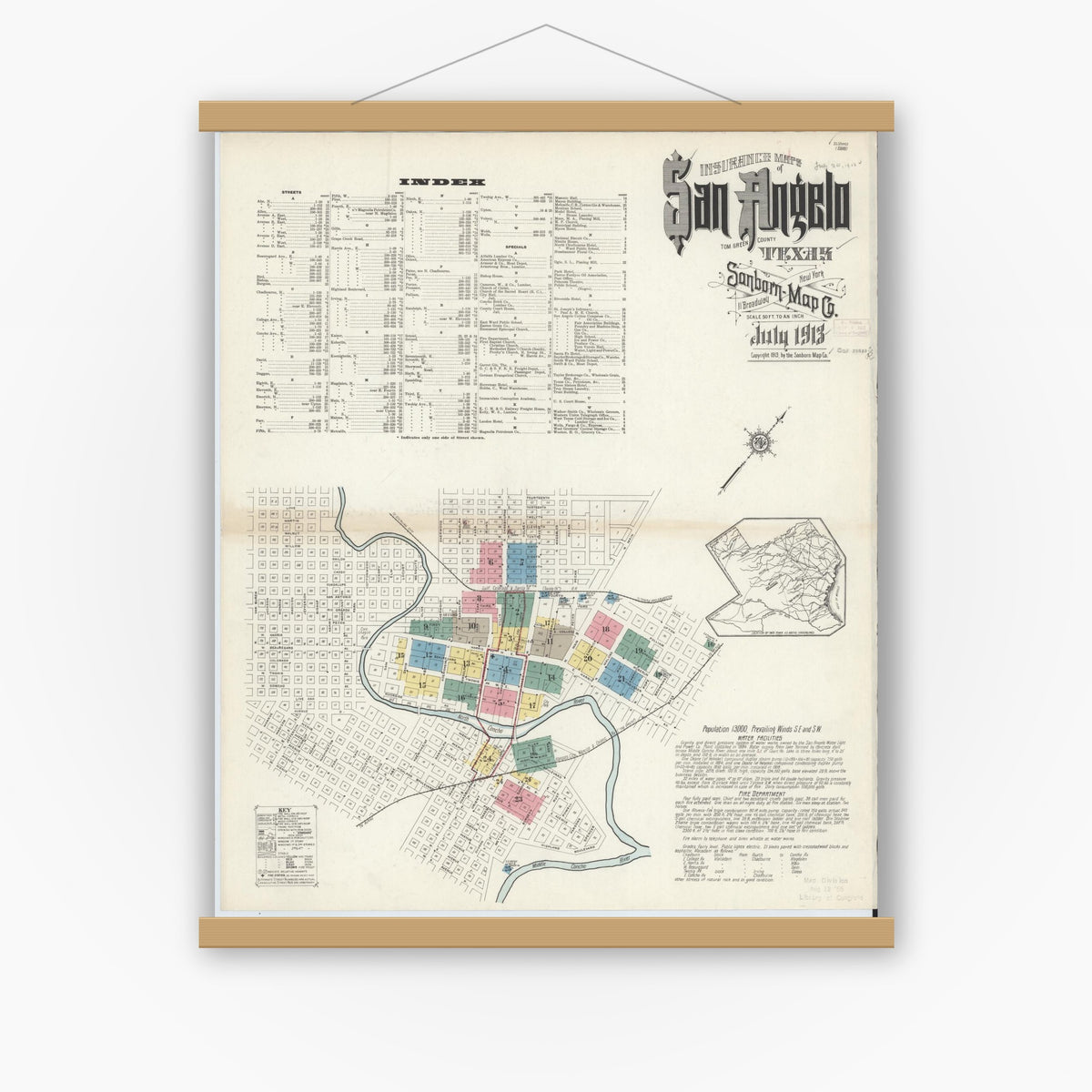 Old map wall art mockup — magnetic wood frame on white wall — Sanborn Fire Insurance Map from San Angelo, Tom Green County, Texas (1913) - Complete Map Set