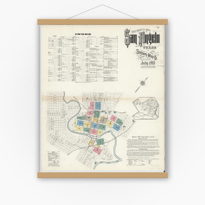 Old map wall art mockup — magnetic wood frame on white wall — Sanborn Fire Insurance Map from San Angelo, Tom Green County, Texas (1913) - Complete Map Set