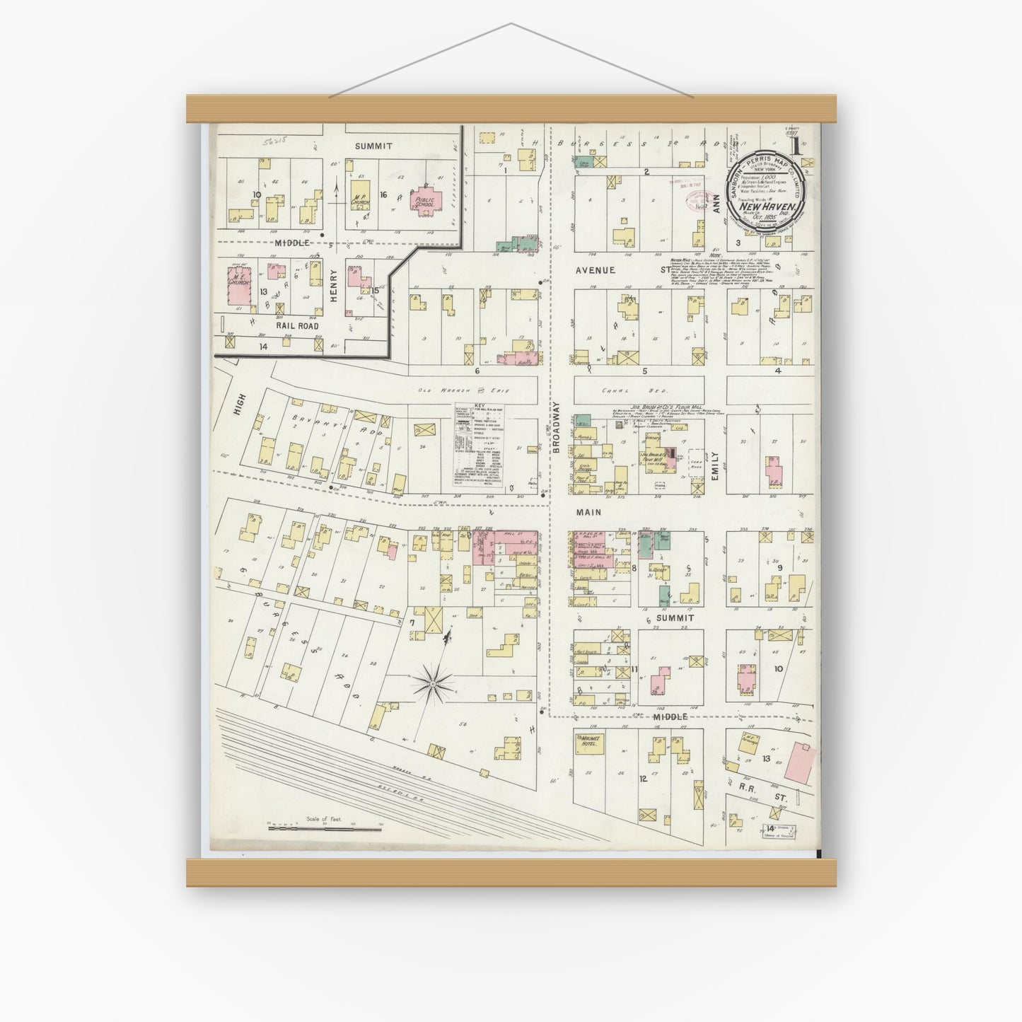 Old map wall art mockup — magnetic wood frame on white wall — Sanborn Fire Insurance Map from New Haven, Allen County, Indiana (1895) - Complete Map Set
