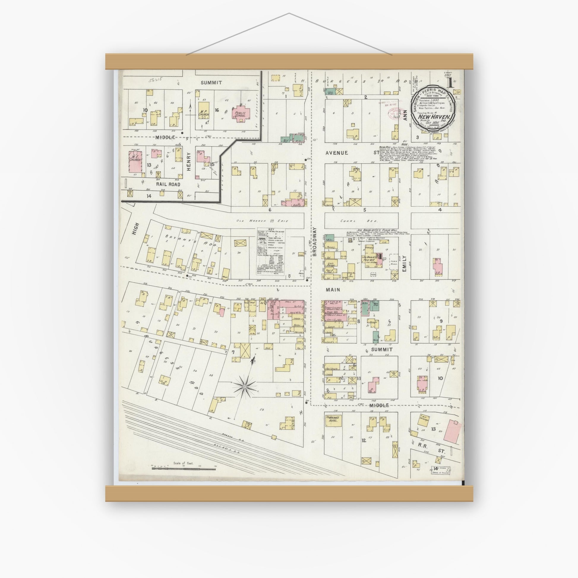 Old map wall art mockup — magnetic wood frame on white wall — Sanborn Fire Insurance Map from New Haven, Allen County, Indiana (1895) - Complete Map Set