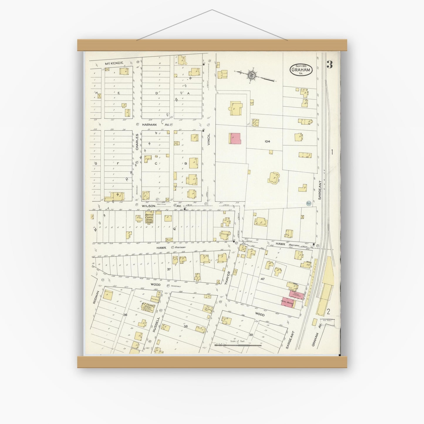 Old map wall art mockup — magnetic wood frame on white wall — Sanborn Fire Insurance Map from Graham, Tazewell County, Virginia (1913), Sheet #0003
