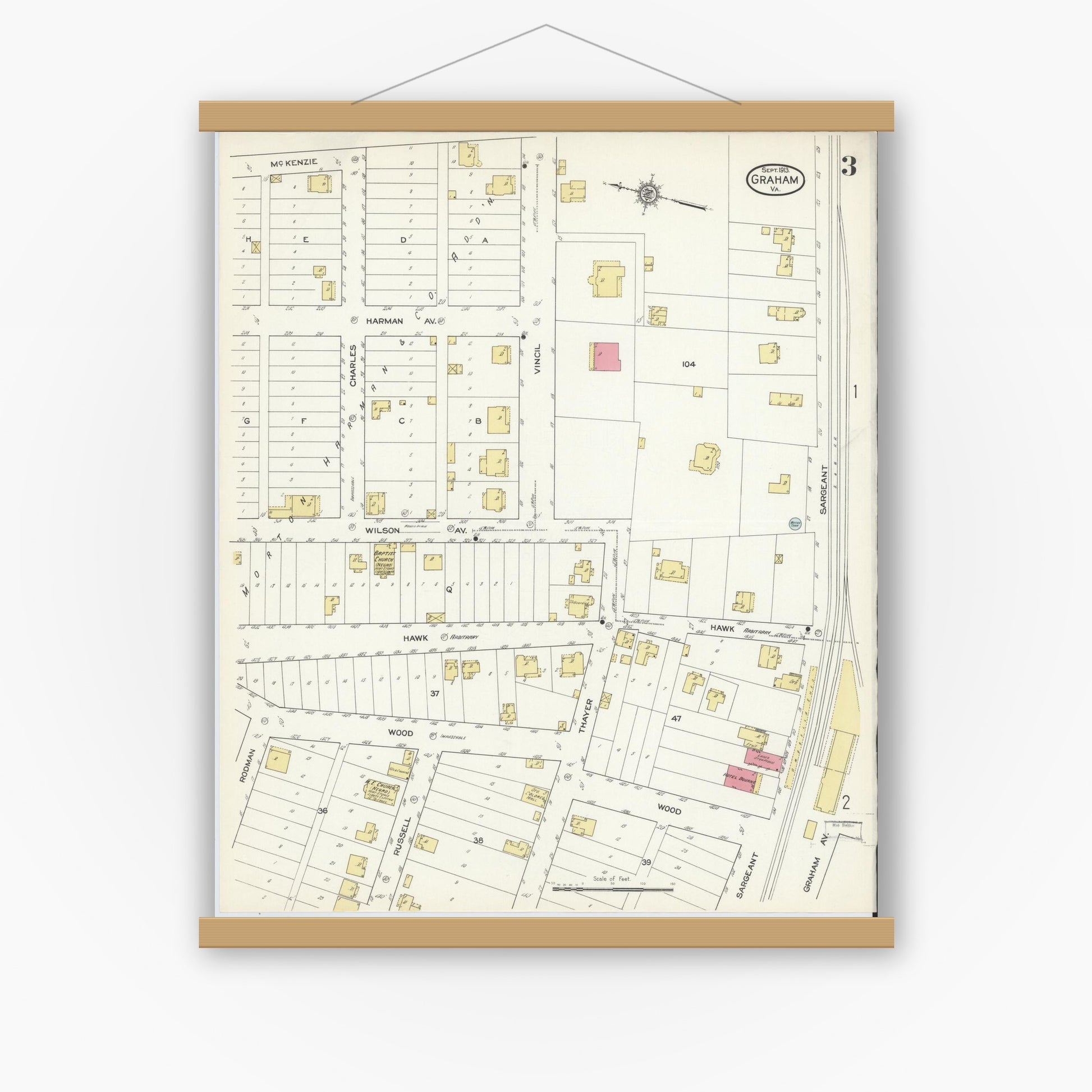 Old map wall art mockup — magnetic wood frame on white wall — Sanborn Fire Insurance Map from Graham, Tazewell County, Virginia (1913), Sheet #0003