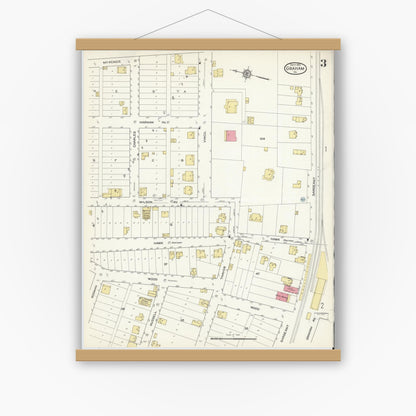 Old map wall art mockup — magnetic wood frame on white wall — Sanborn Fire Insurance Map from Graham, Tazewell County, Virginia (1913), Sheet #0003