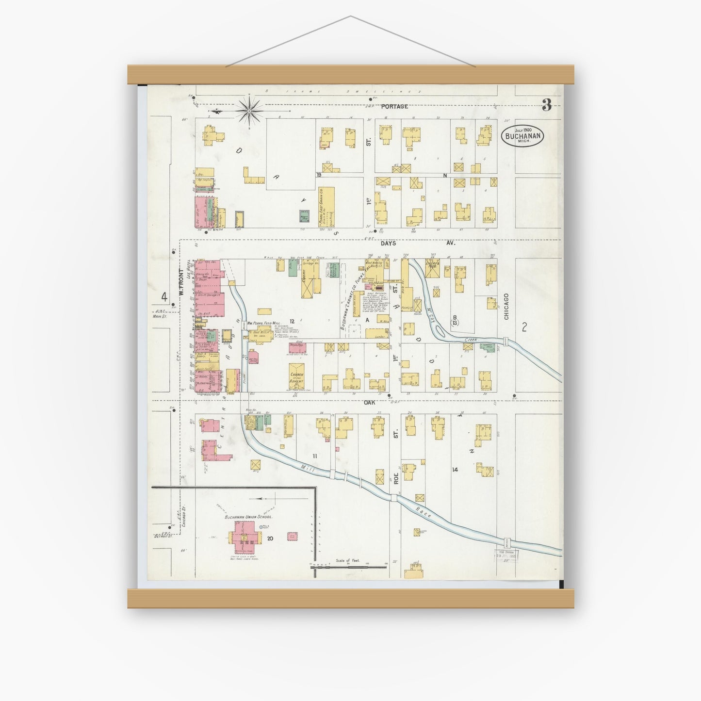 Old map wall art mockup — magnetic wood frame on white wall — Sanborn Fire Insurance Map from Buchanan, Berrien County, Michigan (1900), Sheet #0003