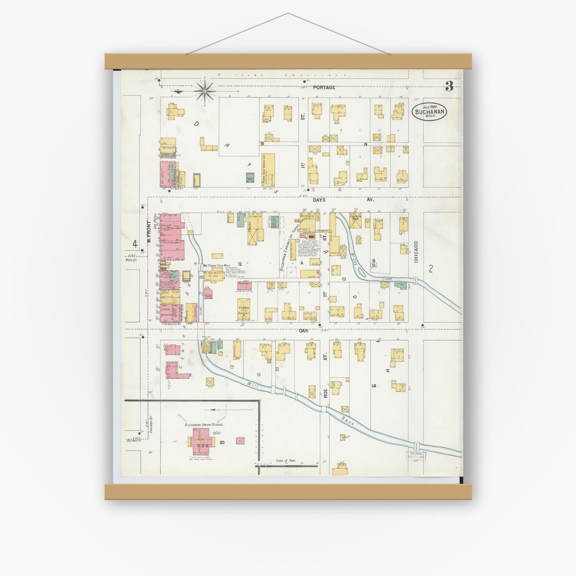 Old map wall art mockup — magnetic wood frame on white wall — Sanborn Fire Insurance Map from Buchanan, Berrien County, Michigan (1900), Sheet #0003