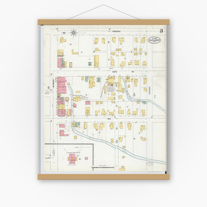 Old map wall art mockup — magnetic wood frame on white wall — Sanborn Fire Insurance Map from Buchanan, Berrien County, Michigan (1900), Sheet #0003
