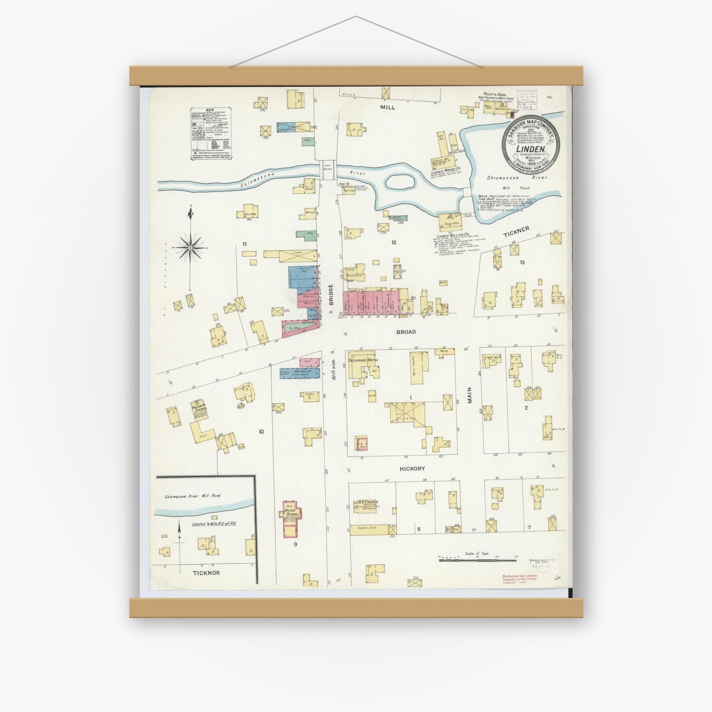 Old map wall art mockup — magnetic wood frame on white wall — Sanborn Fire Insurance Map from Linden, Genesee County, Michigan (1908), Sheet #0001
