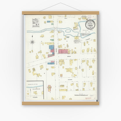Old map wall art mockup — magnetic wood frame on white wall — Sanborn Fire Insurance Map from Linden, Genesee County, Michigan (1908), Sheet #0001