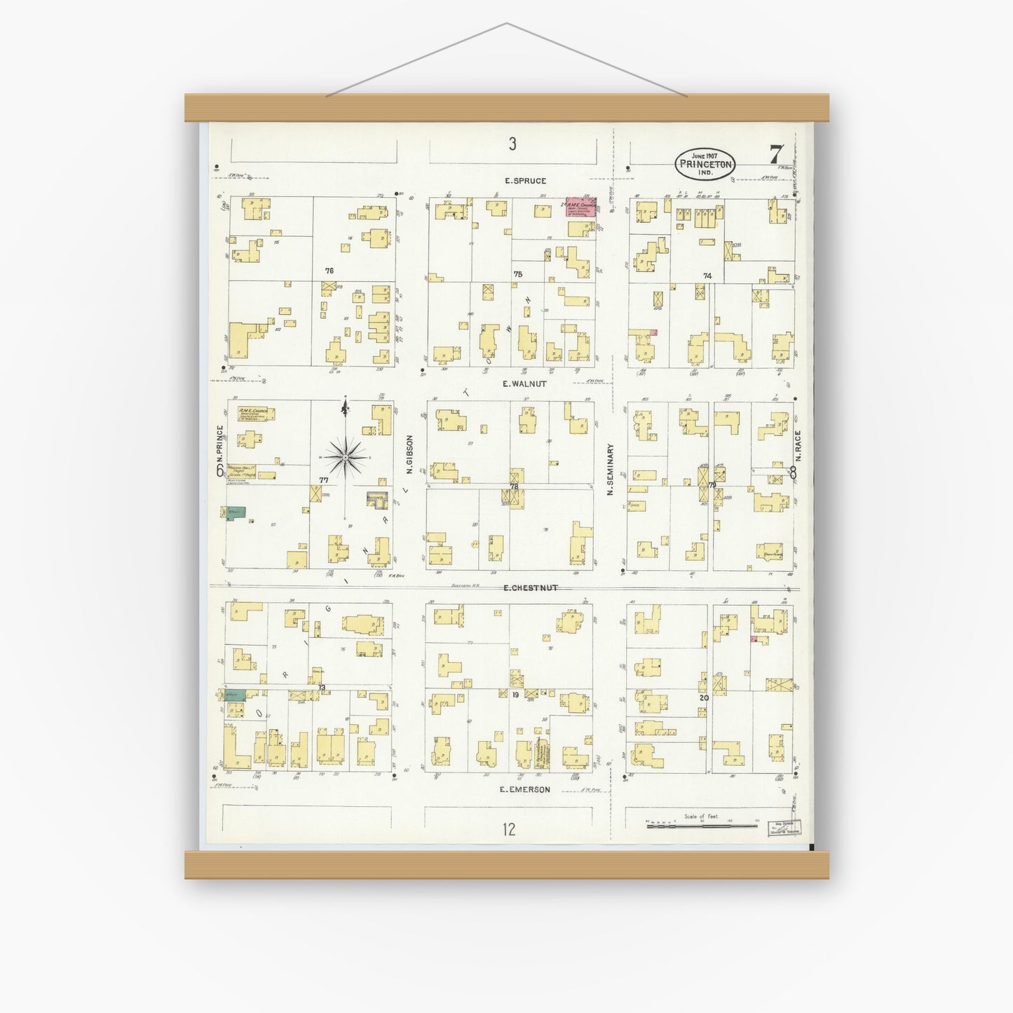 Old map wall art mockup — magnetic wood frame on white wall — Sanborn Fire Insurance Map from Princeton, Gibson County, Indiana (1907), Sheet #0007
