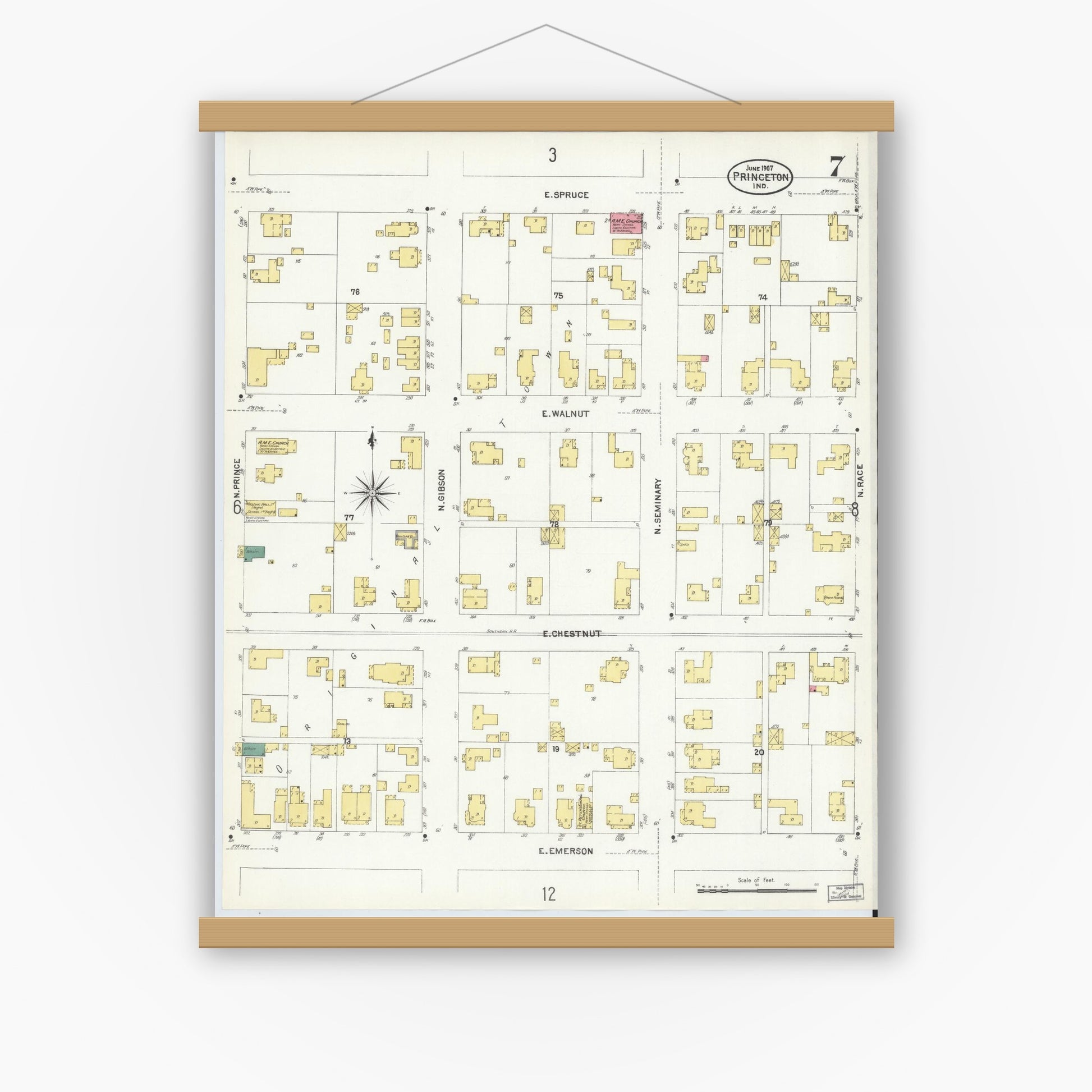 Old map wall art mockup — magnetic wood frame on white wall — Sanborn Fire Insurance Map from Princeton, Gibson County, Indiana (1907), Sheet #0007