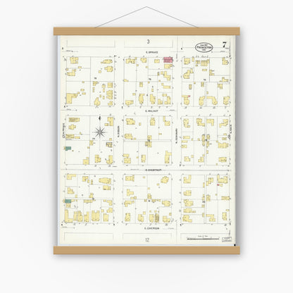 Old map wall art mockup — magnetic wood frame on white wall — Sanborn Fire Insurance Map from Princeton, Gibson County, Indiana (1907), Sheet #0007